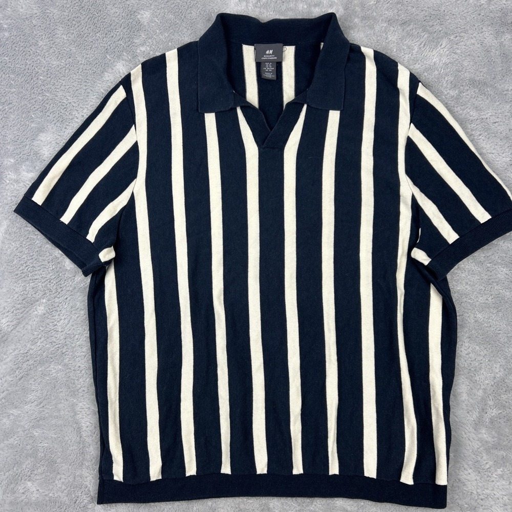 H&M Regular Fit Striped Knit Polo Shirt Size XL Navy Retro Charlie